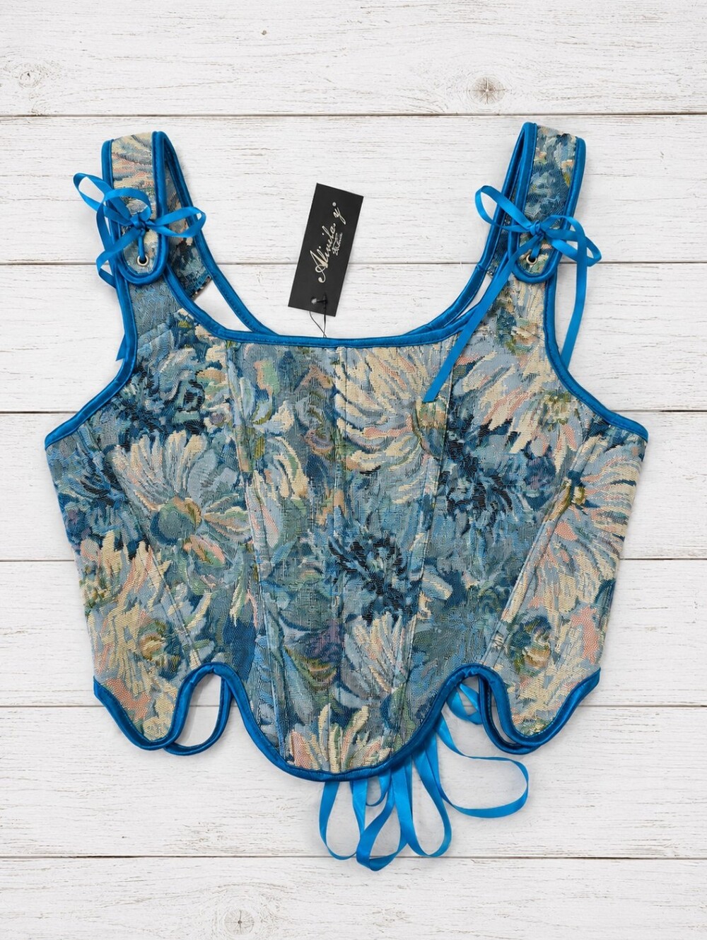 NWT Alivila.Y Blue 1920s INSPIRED Renaissance Lace Trim Corset Bustier Size M